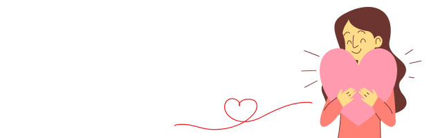 女性が大きなピンクのハートを抱きしめているイラスト