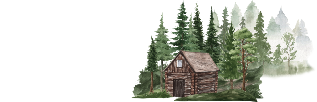 ログハウスと森の絵