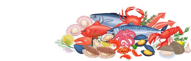 新鮮な魚介類とエビ、カニ、イカのイラスト